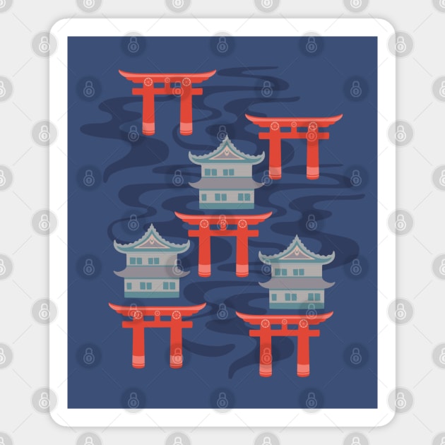 EDO Traditional Japanese Castles and Oriental Japan Torii Gates with Flowing River in Traditional Palette Blush Rust Blue Gray - UnBlink Studio by Jackie Tahara Magnet by UnBlink Studio by Jackie Tahara